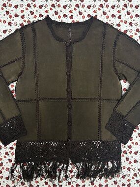 Vintage Suede Patchwork Jacket with Crochet Lace Trim and fringe - Boho Western